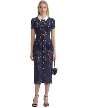 Self-Portrait Blaues Spitzen-Midi-Kleid Mit Kontrastkragen