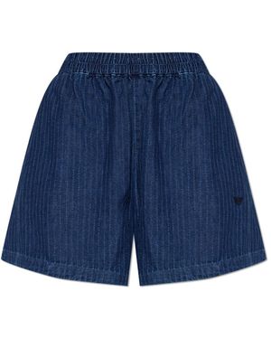 Emporio Armani Korte Broeken ,Blauw ,Denim Denim Shorts Met Pinstripes En Elastische Tailleband