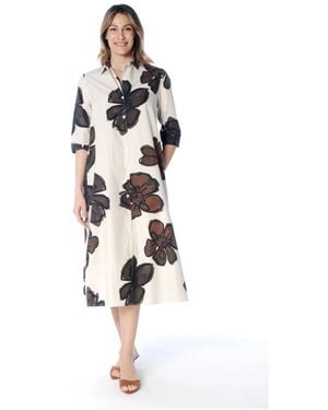 ROSSO35 Langes Hemdblusenkleid Mit Muster Und Dreiviertelärmeln - Weiß