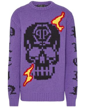 Philipp Plein Round Neck Pullover Ls Skull - Lila