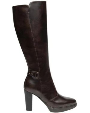 Nero Giardini Schoenen ,Bruin ,Leer Lange Laarzen Met Hak - Zwart