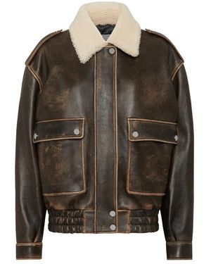 Philipp Plein Jassen ,Bruin ,Leer Lederen Aviatorjack Met Shearling Kraag Signature - Groen