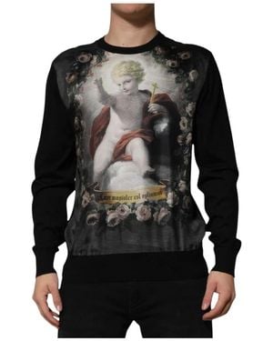 Dolce & Gabbana Truien & Vesten ,Zwart ,Kasjmier Cashmere Cherub Print Barok Trui