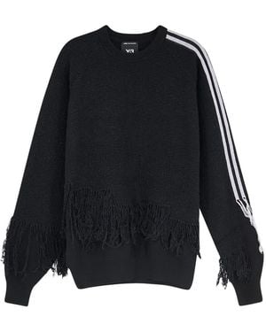 Y-3 Gestrickter Pullover Mit Fransen Und 3 Streifen - Schwarz