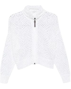 Brunello Cucinelli Paillettenbesetzte Strickjacke Mit Lochmuster - Weiß