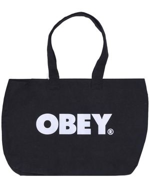 Obey Tassen ,Zwart ,Katoen Canvas Tote Tas Zwart/Wit
