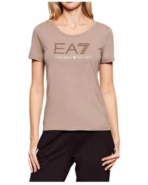 EA7 Tops ,Katoen Logo Series Stretch-Cotton T-Shirt Met Ronde Hals En Strass-Steentjes - Zwart