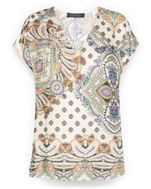 Elena Miro Viskose-Bluse Mit V-Ausschnitt Und Print - Natur