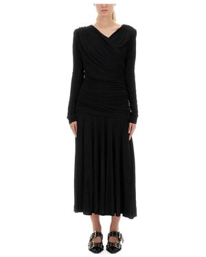 Ganni Interlock Jersey Crossover Jurk Met Plooiingen Lang - Zwart