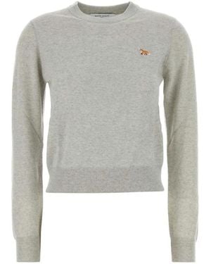 Maison Kitsuné Truien & Vesten ,Grijs ,Wol Trui Met Vos-Patch En Ronde Hals
