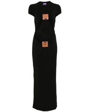 Jean Paul Gaultier Kleedjes ,Zwart ,Stretch Viscose Jersey Lange Jurk Met Leren Label Detail