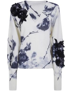 Blumarine Kasjmier En Wollen Trui Met 3D-Bloemenprint - Blauw