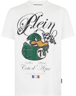 Philipp Plein Tops ,Wit ,Katoen T-Shirt Round Neck Ss Tee Duck 1978