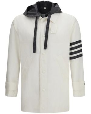 Thom Browne Jassen ,Wit ,Polyester Ripstop 4-Bar Unconstructed Relaxed Overcoat