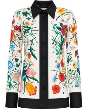 Gucci Overhemden ,Wit ,Zijde Twill Blouse Met Print - Groen