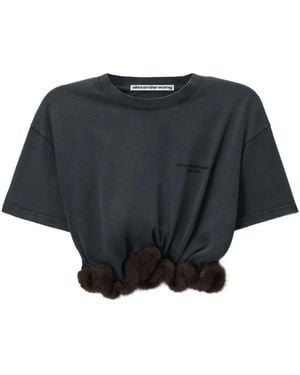 Alexander Wang Tops ,Zwart ,Katoen T-Shirt Met Korte Mouwen En Imitatiebontrand