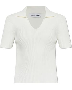 Lacoste Tops ,Leer Geribbelde Polo Shirt Met Logo Patch - Wit