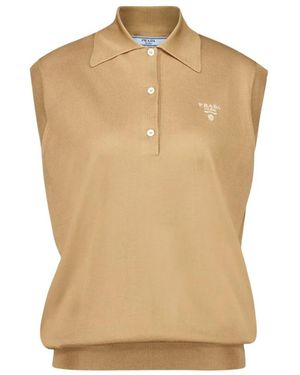 Prada Zijden Mouwloos Poloshirt Kameel Bruin - Naturel