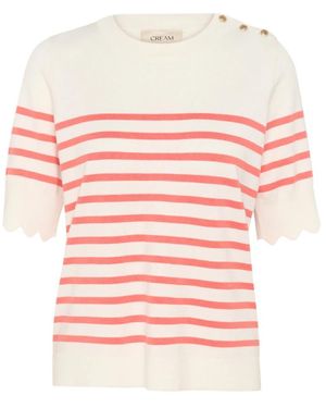 Cream Gestreifte Strickbluse Mit Knopfdetails - Pink