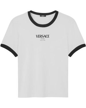Versace Tops ,Wit ,Katoen Stretch Viscose-Jersey T-Shirt - Blauw