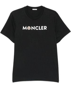 Moncler Tops ,Blauw ,Katoen Logo Katoenen T-Shirt - Zwart