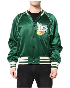Dolce & Gabbana Jassen ,Groen ,Polyester Floral Dg Logo Bomberjack Met Volledige Rits