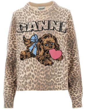 Ganni Leopard-Motif Wool-Blend Jumper - Natural