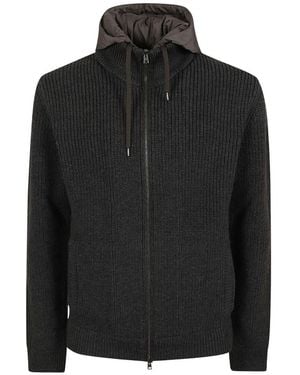 Herno Rib-Gebreide Cardigan Met Afneembare Voering En Capuchon - Zwart