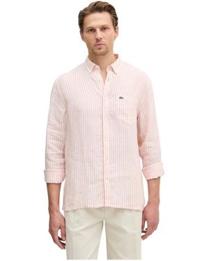 Lacoste Regular Fit Gestreept Linnen Overhemd - Roze