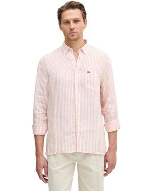 Lacoste Regular Fit Gestreept Linnen Overhemd - Roze