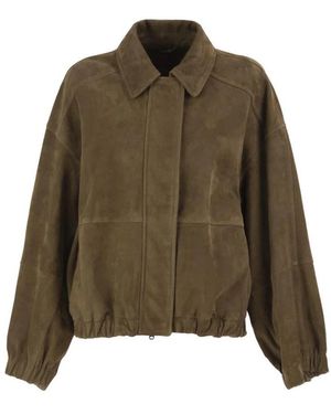 Brunello Cucinelli Jassen ,Groen ,Leer Suede Bomber Jacket