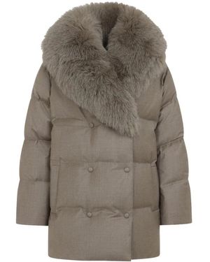 Yves Salomon Jassen ,Wol Wool-Silk Bontkraag Donsjack - Grijs
