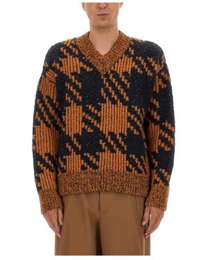 Dries Van Noten Truien & Vesten ,Veelkleurig ,Houndstooth Pattern V-Neck Sweater - Bruin