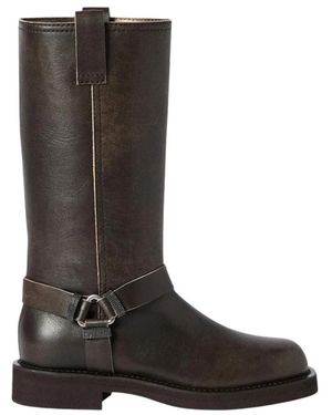 Brunello Cucinelli Leder Biker Boots Mit Glänzenden Schlaufen - Braun