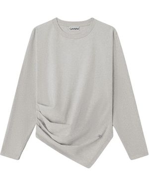 Ganni Tops ,Grijs ,Katoen T-Shirt Met Zware Stretchkatoen En Gedrapeerde Lange Mouwen