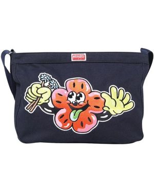 KENZO Blaue Grafik Leinwand Schultertasche