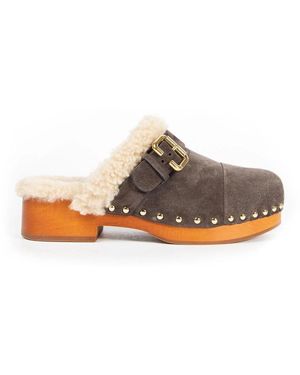 Chloé Schoenen ,Bruin ,Leer Houten Platformsandalen Met Stud Trim