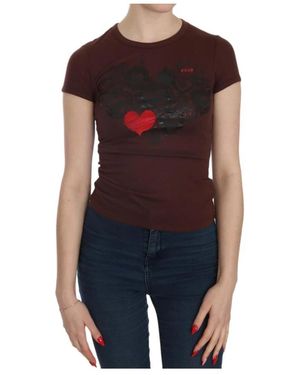 Exte Tops ,Bruin ,Katoen Bruin Hearts Print Korte Mouw Blouse - Zwart