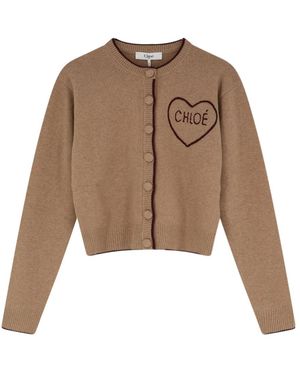 Chloé Truien & Vesten ,Bruin ,Wol Logo Gebreide Slim Cardigan