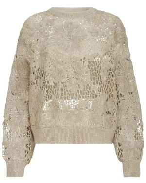 Brunello Cucinelli Truien & Vesten ,Wol Whispering Bloom Embroidery Sweatshirt - Naturel