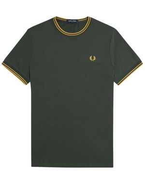 Fred Perry Grün/Gelbes Geripptes Hals-T-Shirt