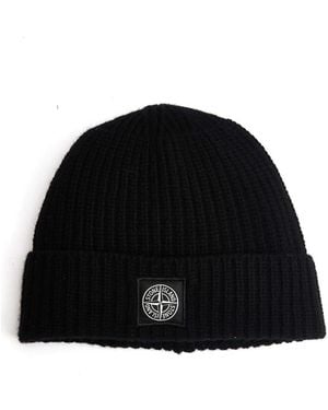 Stone Island Accessoires ,Zwart ,Wol Geribbelde Manchet Beanie Zwart