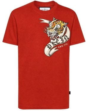 Philipp Plein Tops ,Rood ,Katoen T-Shirt Ronde Hals Ss Tattoo