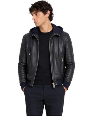 Dolce & Gabbana Jassen ,Blauw ,Leer Lederen Lamsvel Jas Met Capuchon - Zwart