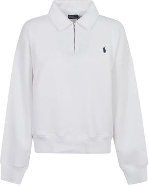 Ralph Lauren Hoodies & Sweatvesten ,Wit ,Katoen Sweatshirt Met Halve Rits En Kraag