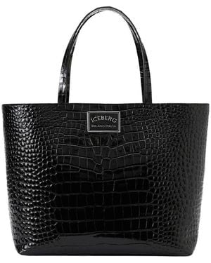 Iceberg Zwarte Krokodil-Effect Leren Shopper Tas Met Geëmailleerd Plaatje En Milano Italia Logo