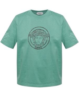 Versace Tops ,Groen ,Katoen T-Shirt Met Glinsterende Kristallen