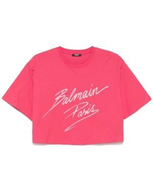 Balmain Fuchsia Logo Crop T-Shirt - Roze