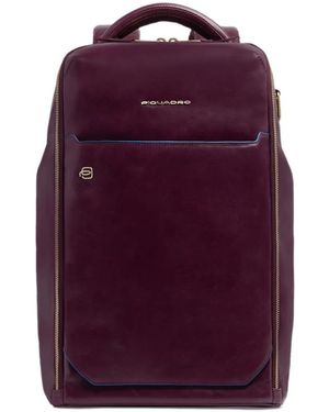 Piquadro Leren Laptop Rugzak 14" Blauw Vierkant - Paars