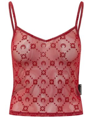 Marine Serre Tops ,Rood ,Tweed Moonogram Mesh Flock Straps Top